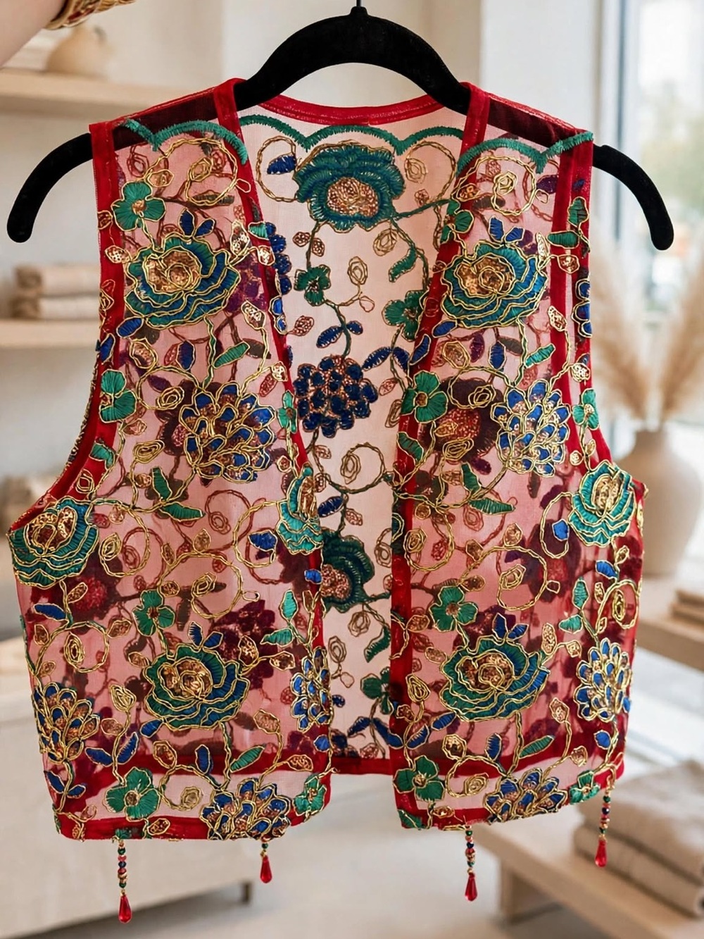 Embroidered Red Sheer Floral Vest from Kurdistan Handmade